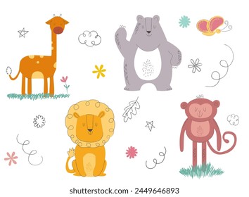 Cute Doodle style Animal vector. Friendly wild life lion, giraffe, bear and monkey in doodle pattern. Adorable funny animal and many characters hand drawn collection. Perfect for postcard, birthday