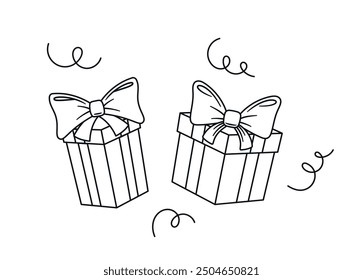Cute Doodle Style Birthday Gift Boxes With Bows And Ribbons Create A Festive Feel. Vector Doodle Illustration