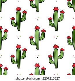 Cute doodle style blooming cactus, succulents and dots vector seamless pattern background.
