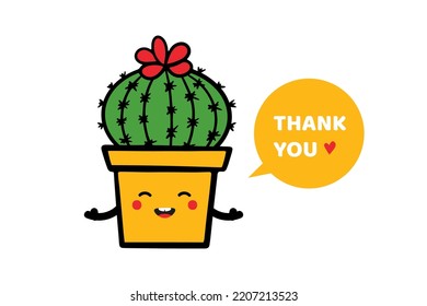 Cute doodle style cacti, cactus, succulents in pot character saying thank you, showing appreciation.
