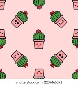 Cute doodle style cactus, succulents in pot characters vector seamless pattern background.
