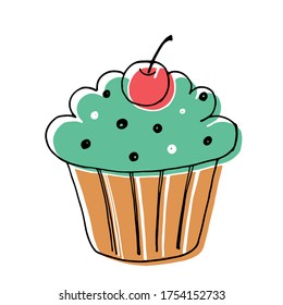 Cute doodle style cake. A beautiful dessert is suitable for a children's menu, a fun print on clothes, icons for social networks.