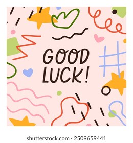 Cute doodle style card design with funny kids scribbles, modern abstract elements. Creative framed square postcard background with hand-drawn squiggles, sketch lines. Flat vector illustration