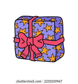 Cute doodle style Christmas gift box isolated on white. Holiday surprise present, wizard star wrapping with red ribbon bow, Birthday party celebration element. Hand drawn cartoon vector illustration.
