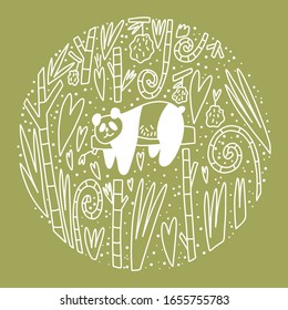 Cute doodle style drawing. Panda bear laying on tree branch, leaves hearts and fruits composition. Vector template for cover, card, poster, print and other users