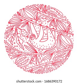 Cute doodle style drawing. Sloth on tree branch, leaves and fruits composition. Vector template for cover, card, poster, print and other users