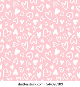 Cute doodle style hearts seamless vector pattern. Valentine's Day handwritten background. Marker drawn different heart shapes and silhouettes. Hand drawn ornament.