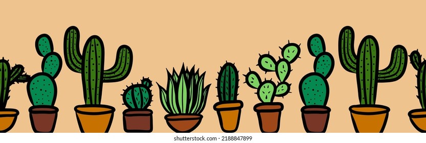Cute doodle style kawaii cactus vector seamless pattern. Succulent plant icon. Home decor element. Kids lovely print. Nursery background. Wallpaper and wrapping paper.