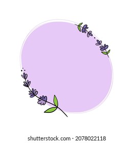 Cute doodle style lavender flowering plants, branches blank oval frame, card template, background for flowers, nature design. 
