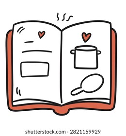 A cute doodle style open cookbook featuring a cooking pot and a spoon with hearts and steam symbols on a white background