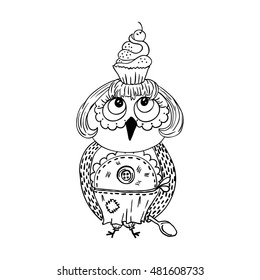 Cute doodle style owl with cake on the head. Young lady cartoon chef style. Black and white coloring book page design