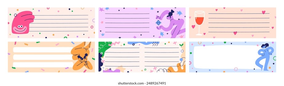 Cute doodle style papers, horizontal page designs for notepad, notebook. Blank framed backgrounds, long banners set with colorful funny elements. Planners, journals templates. Flat vector illustration