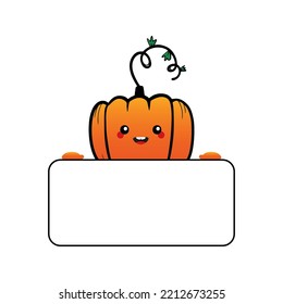 Carácter de calabaza de estilo garrafal estilo garabato sosteniendo en la tarjeta de mano en blanco, banner.