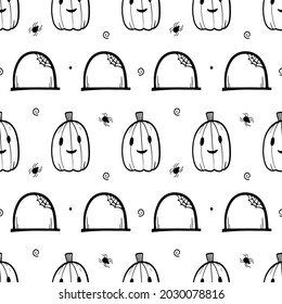 Cute doodle style pumpkin ghosts, tombstones and spiders vector seamless pattern background for Halloween design.