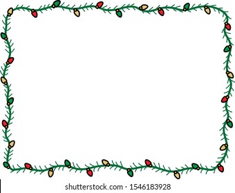 cute doodle style rectangular border consists of wavy green line decorated with little red, green and gold light bulbs in theme of Christmas light decoration.