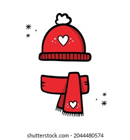 Cuto doodle estilo sombrero rojo y bufanda. Ropa de invierno cálida, accesorios vectores iconos, ilustración.