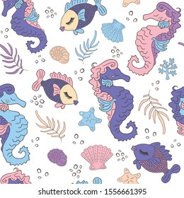 Cute doodle style sea animals pattern