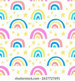 Cute doodle style seamless pattern with rainbows and stars