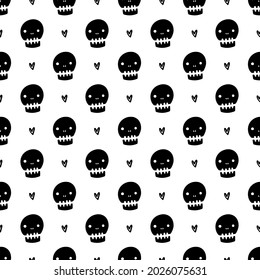 Cute doodle style skulls and hearts vector seamless pattern background for Halloween and Day of the Dead holidays design.