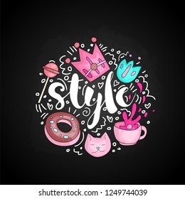 Cute doodle style text in round form colored. Cute fun vector style with crown, donut, flower, cup, lollipop, cat and curved lines. Lettering style among curved lines and cute set icons on black.