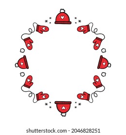 Cute doodle style vector round frame template, background with red mittens and hats with pompom for winter, Christmas design.
