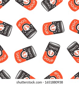Cute doodle style vector seamless pattern with can tomato soup. Kawaii art on white background for design and concept