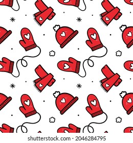 Cute doodle estilo sombreros rojo cálido, pañuelos, mitones vectores fondo de patrón sin fisuras para navidad, diseño de invierno.