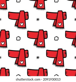 Cute doodle style warm red scarfs with snowflakes and snowballs vector seamless pattern background for winter clothes design.
