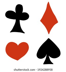 Cute doodle suit of playing cards, signs, symbols isolated on white background. 