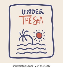 cute doodle summer background with coconut tree,sun,sea