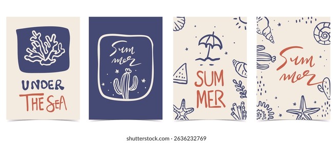 cute doodle summer background with shell,coral,tree for vertical A4 design