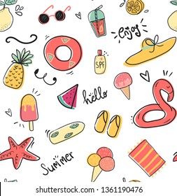 Cute Doodle Summer Collection Pattern Seamless Flat Vector Illustration