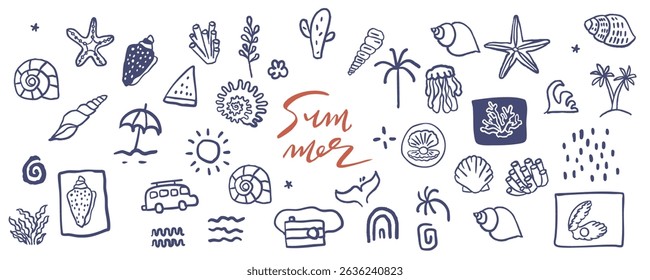 cute doodle summer icon with shell,coral,tree for kid design