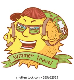 Cute doodle sun character with backpack