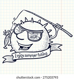 Cute doodle sun character with banner and fishing rod