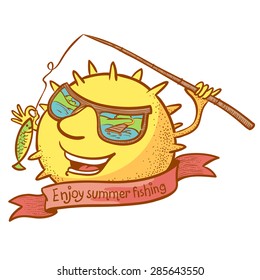 Cute doodle sun character with banner and fishing rod