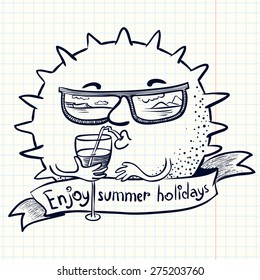 Cute doodle sun character with cocktail
	
