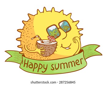 Cute doodle sun character with coconut cocktail