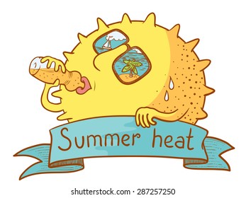 Cute doodle sun character drinks water from bottle
