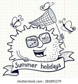 Cute doodle sun character with net and butterfly