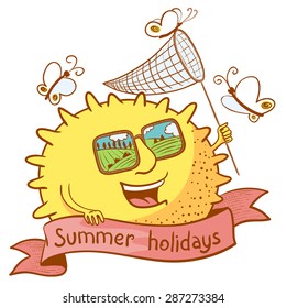 Cute doodle sun character with net and butterfly