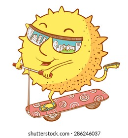 Cute doodle sun character on the scooter