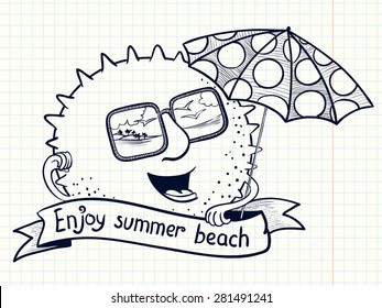 Cute doodle sun character with parasol