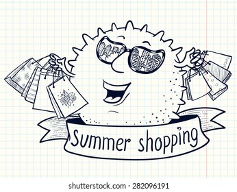 Cute doodle sun character with shopping bags
