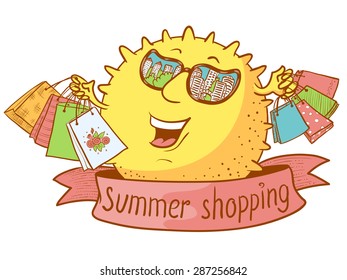 Cute doodle sun character with shopping bags