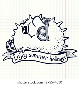 Cute doodle sun character sunbathing