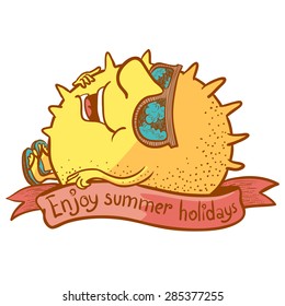 Cute doodle sun character sunbathing