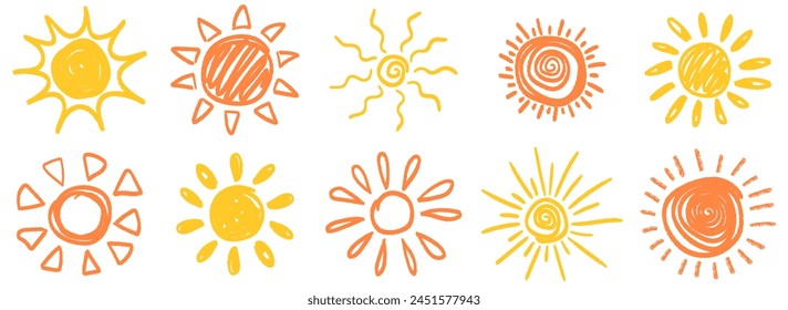 Cute doodle sun collection. Cartoon design elements. Vector illustration