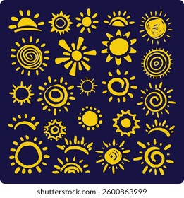 Cute doodle sun collection. Cartoon design elements With charcoal or pencil drawn illustration