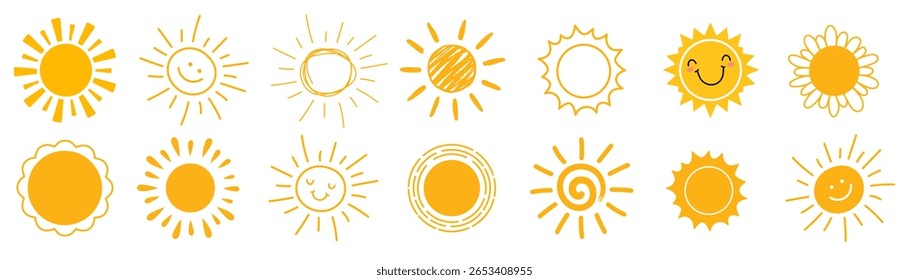Linda colección solar doodle. Conjunto de ilustración de estilo dibujado a mano.